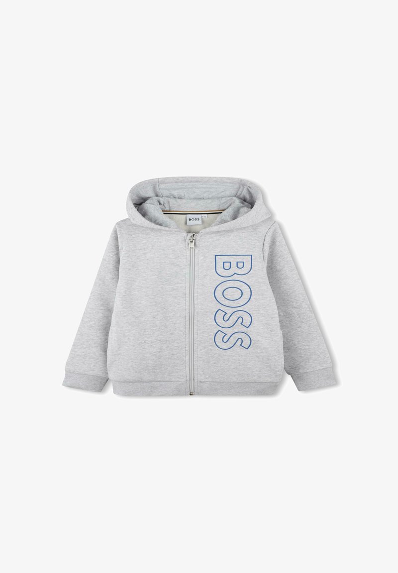 Grijze rits-hoodie van een katoenmix met een groot blauw "BOSS"-logo op de voorkant, met een capuchon en ribgebreide manchetten.