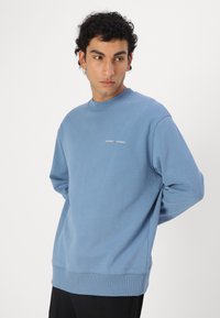 Light blue sweatshirt made of cotton, featuring a ribbed crew neck and cuffs, with a subtle brand logo embroidered on the front.