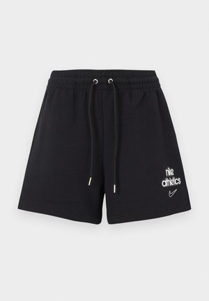 Black athletic shorts made of cotton, featuring an elastic waistband with a drawstring, and printed Nike branding on the left thigh.