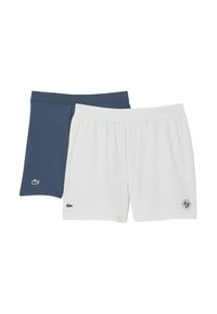 Conjunto de pantalones cortos para hombre en azul marino y blanco. Pantalones cortos azul marino con cintura elástica y logo; los pantalones cortos blancos presentan un patrón texturizado y detalle del logo.