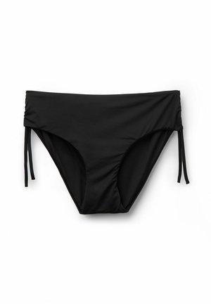 Bas de bikini noir avec des liens réglables sur les côtés et une taille froncée, présenté sur un fond blanc.