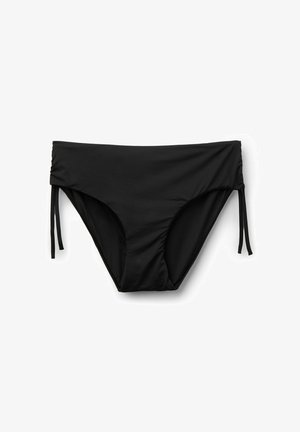 Braguitas de bikini negras con lazos laterales ajustables y cinturilla fruncida, exhibidas sobre un fondo blanco.