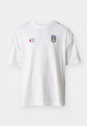 White cotton t-shirt featuring a round neckline, short sleeves, embroidered "Champion" logo, and "Football Club" crest with stars.
