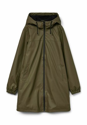 Olivzaļš lietusmētelis ar kapuci, aizdari ar rāvējslēdzēju un divām sānu kabatām. Izgatavots no gluda, ūdensizturīga materiāla; ar elastīgām aprocēm.