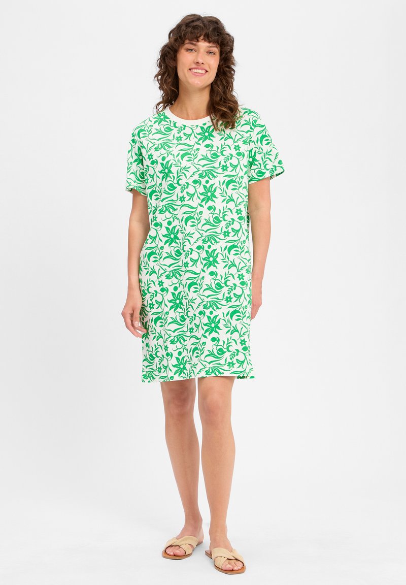 Groen en wit bloemenpatroon jurk van stof met een zachte textuur; korte mouwen, ronde halslijn, knielange snit, losse pasvorm.