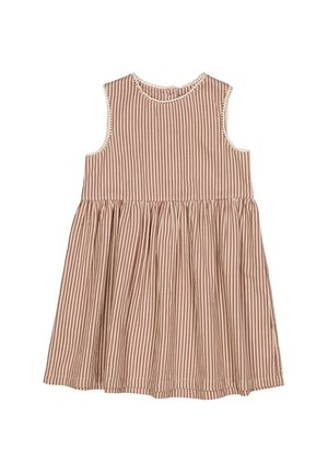 Robe sans manches de couleur marron clair avec des rayures blanches. Caractéristiques d'une jupe froncée et d'une délicate finition le long de l'encolure et des emmanchures.