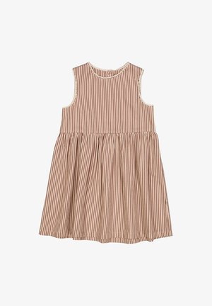 Robe sans manches de couleur marron clair avec des rayures blanches. Caractéristiques d'une jupe froncée et d'une délicate finition le long de l'encolure et des emmanchures.