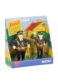 Zwei schwarz gekleidete Figurinen von Polizisten, wobei einer einen Schlagstock hält, verpackt mit einem farbenfrohen Hintergrund, der ein Haus und Grünflächen darstellt.