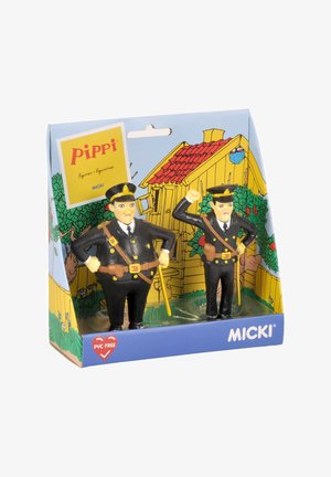 Two black-clad figurines of police officers, one holding a baton, packaged with a colorful backdrop depicting a house and greenery.