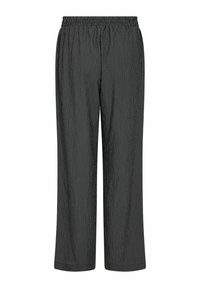 Pantaloni neri a righe con vita elastica, design a gamba dritta, tessuto leggero e una finitura testurizzata sottile.