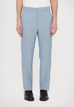 Light blue striped trousers with a straight cut, made from a smooth material, featuring subtle vertical white lines and a standard waistband.