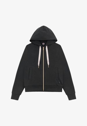 Sort hættejakke med lynlås, beige snore, to lommer foran, ribstrikkede manchetter og kant samt en lille cirkulær logo nær nederste kant.