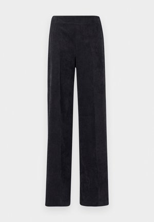 Corduroy pants in dark gray with a straight leg design, featuring a textured ribbed surface and an elastic waistband for comfort.