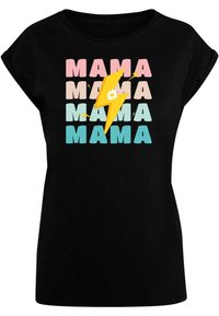 Černé tričko s grafickým designem, na kterém je slovo "MAMA" v pastelových barvách a žlutý blesk s květinovým akcentem.