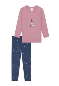 Kinderpyjamas mit einem langärmeligen, pinkfarbenen Oberteil mit einem Druck des Eiffelturms und dunkelblauen Leggings mit einem Muster aus kleinen weißen Herzen.