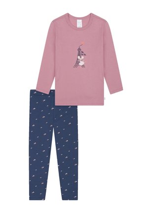 Kinderen pyjama's met een roze top met lange mouwen en een print van de Eiffeltoren, en marineblauwe leggings met een patroon van kleine witte hartjes.