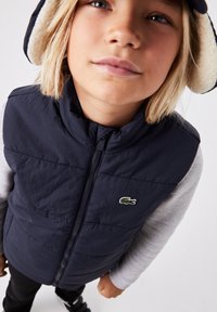 Gilet imbottito blu navy con colletto alto e chiusura con zip, con un piccolo logo verde a forma di coccodrillo sul davanti, indossato sopra una maglietta grigia a maniche lunghe.