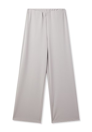 Pantaloni a gamba larga in tessuto grigio chiaro. Presentano una trama liscia e una cintura elastica. Nessun motivo visibile o accessori aggiuntivi.