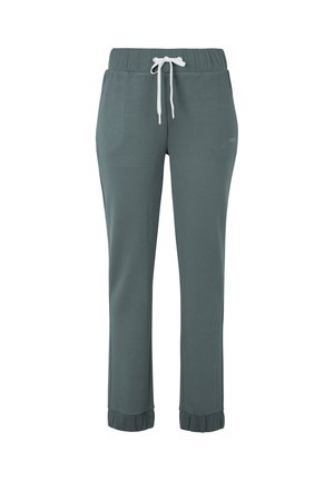 Dark gray elastic waist joggers with white drawstring and gathered cuffs, featuring side pockets and subtle text on right thigh.
