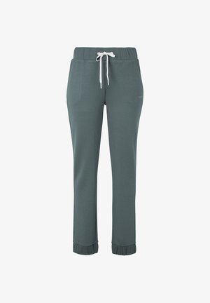 Dunkelgraue Jogginghose mit elastischem Bund und weißem Kordelzug, mit Gummizügen an den Säumen. Sie verfügt über seitliche Taschen und dezenten Text am rechten Oberschenkel.