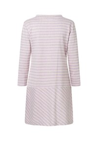 Langärmliges Kleid aus leichtem Stoff mit einem lila-weiß karierten Muster, einfachem Rundhalsausschnitt und lockerer Passform.