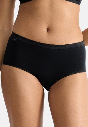 Schwarze Baumwollunterwäsche mit glatter Oberfläche. Verfügt über eine dekorative Spitzenborte am Bund und eine eng anliegende, nahtlose Passform.