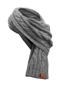 Gray knitted scarf made from thick yarn with a cable pattern, featuring a ribbed trim and a small leather accent with branding.