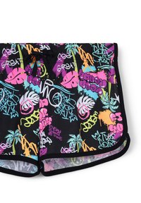 Costumi da bagno neri con un motivo colorato in stile graffiti che presenta foglie, testo e accenti vivaci. Progettati con una vita elasticizzata.