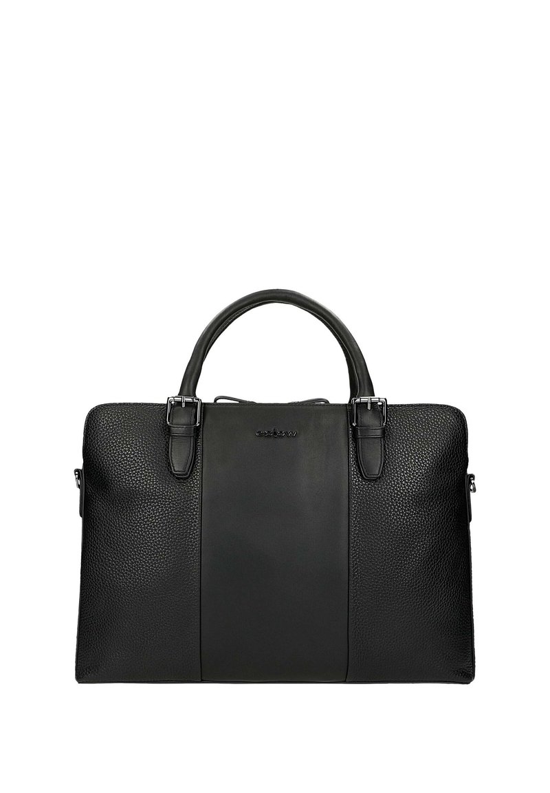 Schwarze Lederhandtasche mit einer strukturierten Vorderseite, glatten seitlichen Akzenten, zwei Griffen und einem Reißverschlussfach auf einer Seite.