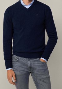 Homme portant un pull bleu marine à col en V par-dessus une chemise bleu clair avec un jean gris, debout avec une main dans la poche devant un fond uni.