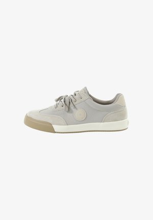 Szaro-beżowy casualowy sneaker z sznurowadłami, gumową podeszwą i okrągłym logo z boku, pokazany z zewnętrznej strony.