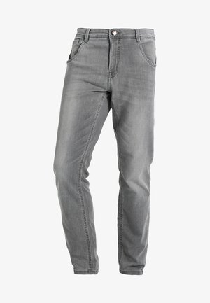 Grey denim jeans with a straight cut, five pockets, and a button closure. Fabric features a subtle faded texture and traditional stitching.