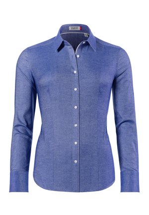 Blue long-sleeve shirt made of textured fabric; features a button-up front, pointed collar, and tailored fit with curved hem.