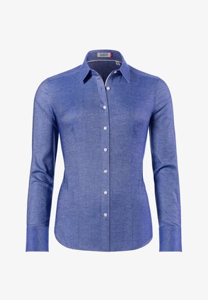 Blue long-sleeve shirt made of textured fabric; features a button-up front, pointed collar, and tailored fit with curved hem.