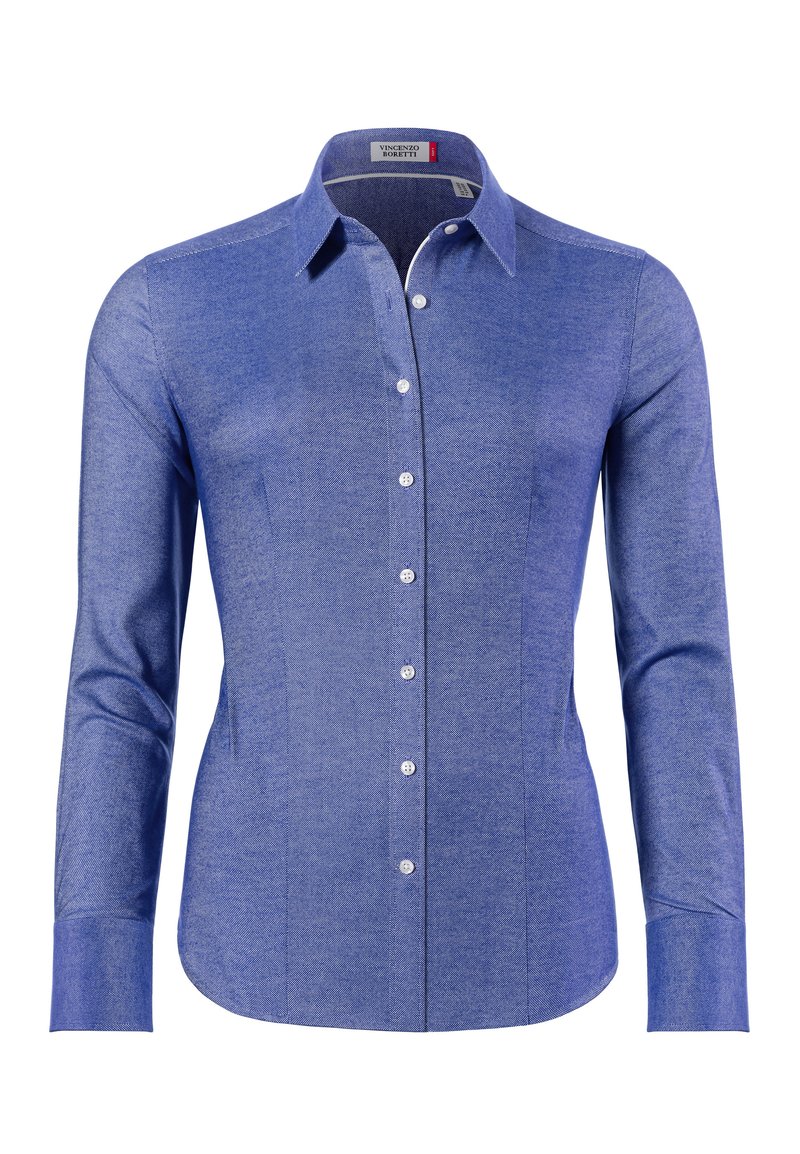 Camicia azzurra a maniche lunghe in tessuto testurizzato; presenta un bottone frontale, colletto a punta e una vestibilità sagomata con orlo curvo.