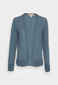 Hellblauer Strickcardigan mit offenem Vorderteil, langen Ärmeln, gerippten Bündchen und Saum, mit vertikalen Strukturdetaillierungen an der Vorderseite.