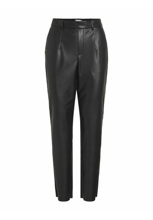 Crne hlače od umjetne kože s uskim krojem, s glatkom teksturom, otvorima za remen i dva džepa. Suženi kroj nogavica i čiste linije.