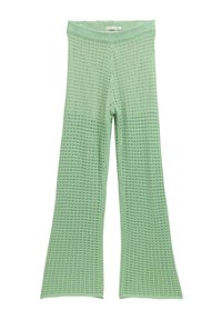 Groene, gebreide flared broeken met een gestructureerd patroon en een brede tailleband. De stof heeft een open weefsel en een geleidelijke kleurverloop.