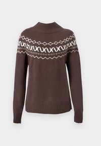 Καφέ πλεκτό πουλόβερ με ψηλό γιακά, διακοσμημένο με λευκό γεωμετρικό σχέδιο στο στήθος και μανσέτες και κάτω μέρος με ριμπ ύφανση.