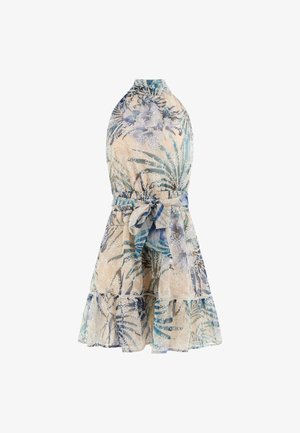 Un vestito senza maniche a strati con scollatura all'americana, caratterizzato da un motivo floreale blu e beige su tessuto trasparente, con una cintura in tessuto in vita.