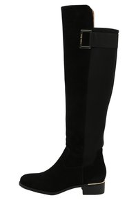 Knee-high black boots featuring a combination of suede and elastic material, with a gold accent on the heel and a buckle detail at the top.