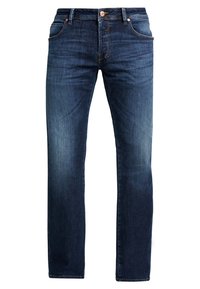 Jeans de mezclilla azul oscuro con un ajuste regular, diseño de cinco bolsillos y un dobladillo cosido. Presenta un botón de latón y cierre de cremallera.