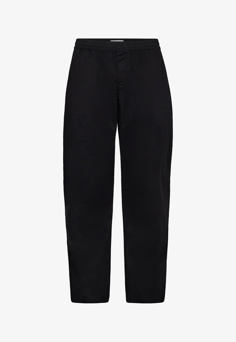 Sorte bukser med en afslappet pasform, elastisk talje og lige ben. Materialet fremstår glat uden synlige mønstre eller metaldele.