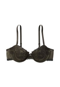 Soutien-gorge vert olive avec des détails en dentelle, bonnets avec armature et bretelles en satin réglables. Présente un motif paisley et des bords festonnés.