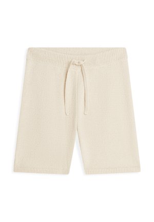 Shorts en maille beige avec taille et ourlet côtelés, dotés d'un cordon noué au centre avant.
