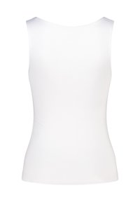 White sleeveless top with a round neckline. Made from smooth, stretchy fabric; fitted design without any patterns or embellishments.