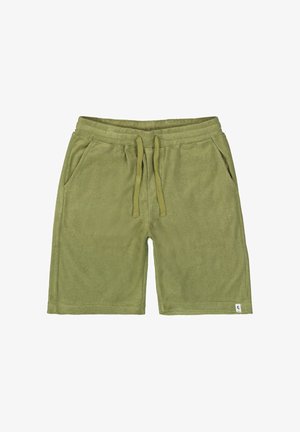 Pantalones cortos de rizo verde oliva con cinturilla elástica, cordón ajustable, bolsillos laterales y pequeña etiqueta con logo en el dobladillo.