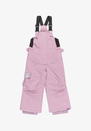 Rosa Schneeoverall mit schwarzen Seitenpaneelen, verstellbaren Trägern, seitlichen Taschen und elastischen Bündchen an den Knöcheln. Weiches, wasserabweisendes Material.