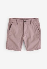 Shorts lilas clairs en tissu tissé lisse. Comprend deux poches latérales et une fermeture à bouton avec une taille plate.