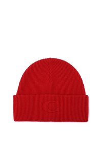 Rote Strickmütze mit gerippter Textur und umgeschlagenem Saum, mit einem geprägten Logo auf der Vorderseite. Das weiche Material ermöglicht Dehnbarkeit.